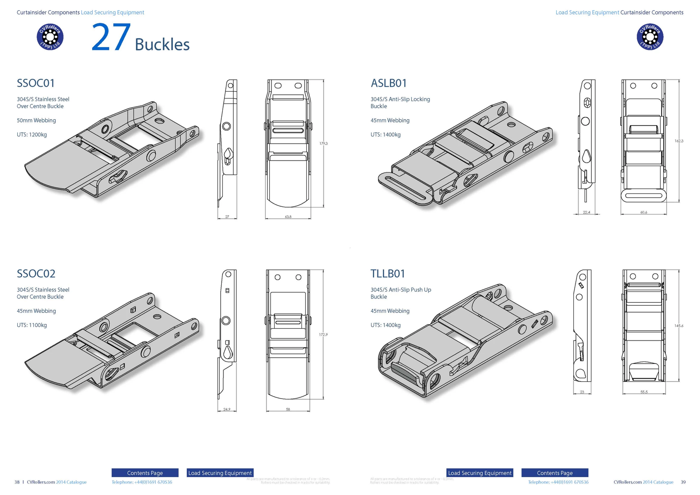 Catalogue: 304 stainless curtain buckles with UTS ratings