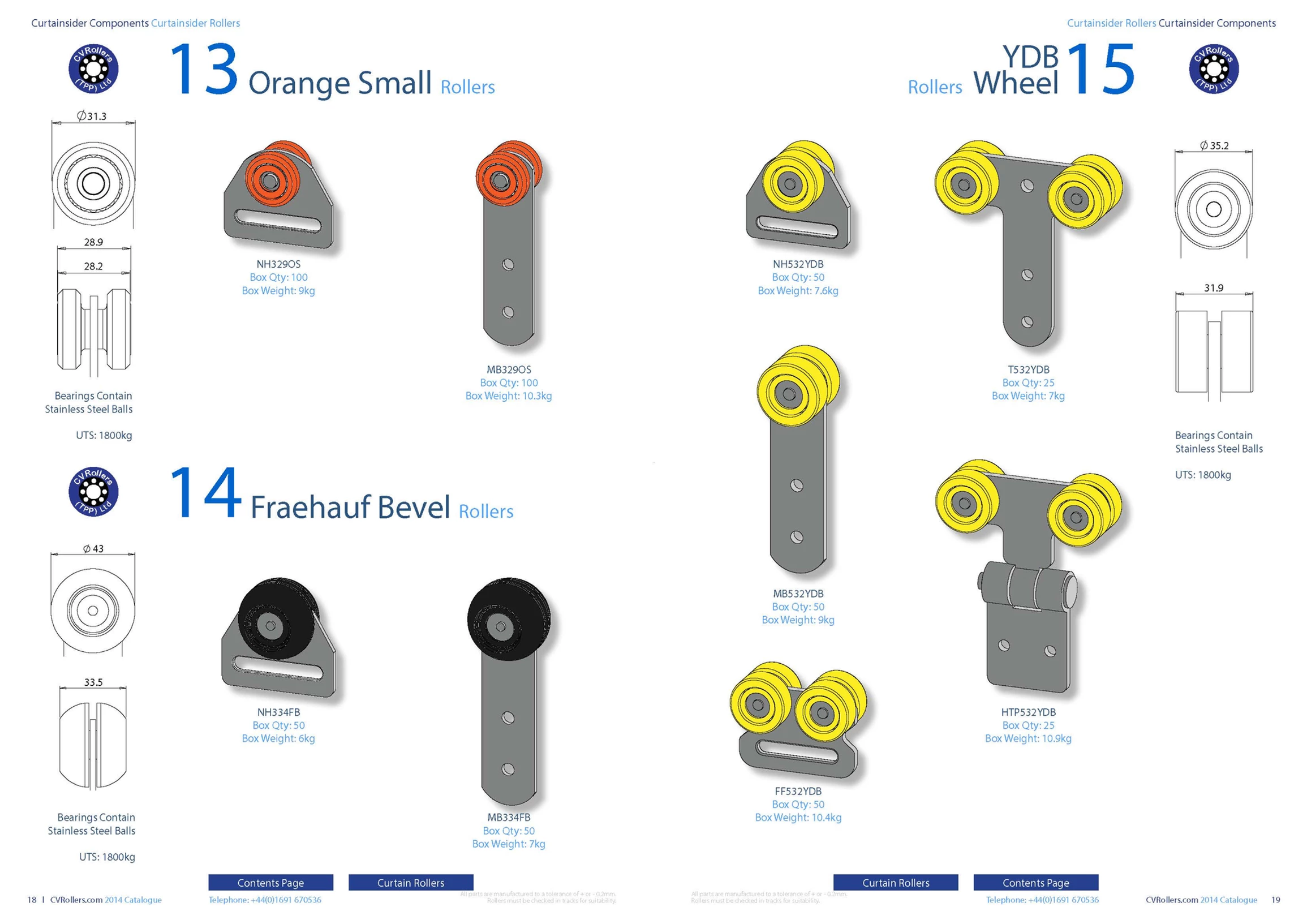 Orange small, Fruehauf bevel and YDB rollers