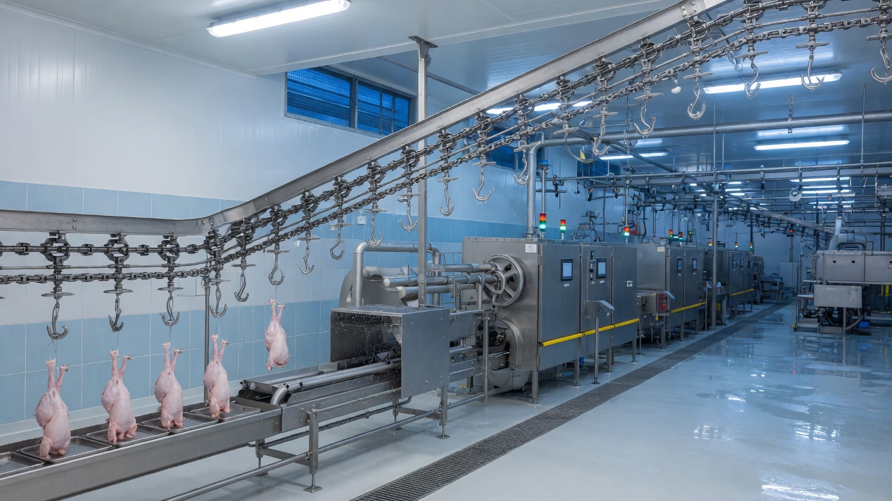 Poultry processing conveyor chain in factory