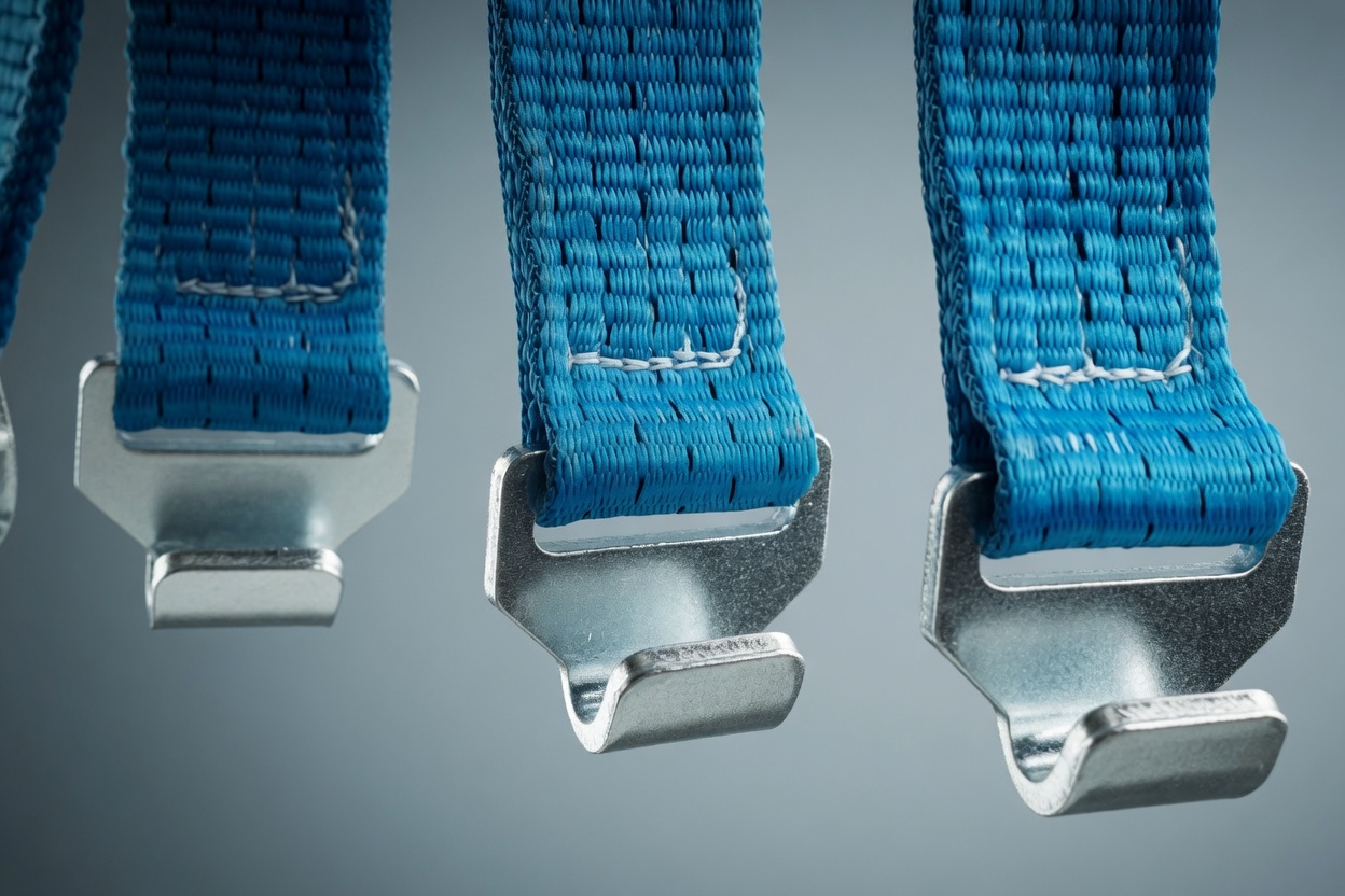 Blue curtain straps with galvanised hooks