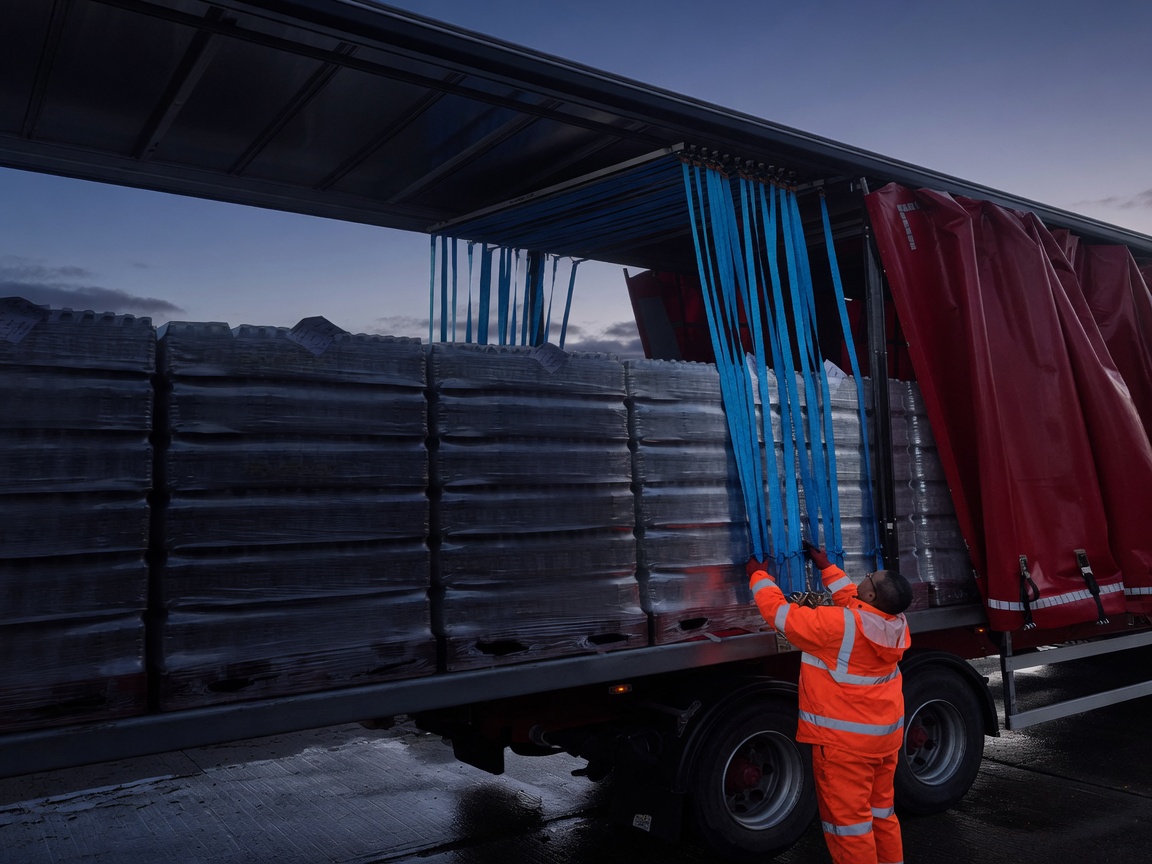 Driver tensioning Slide & Carry straps from ground level on a loaded curtainsider