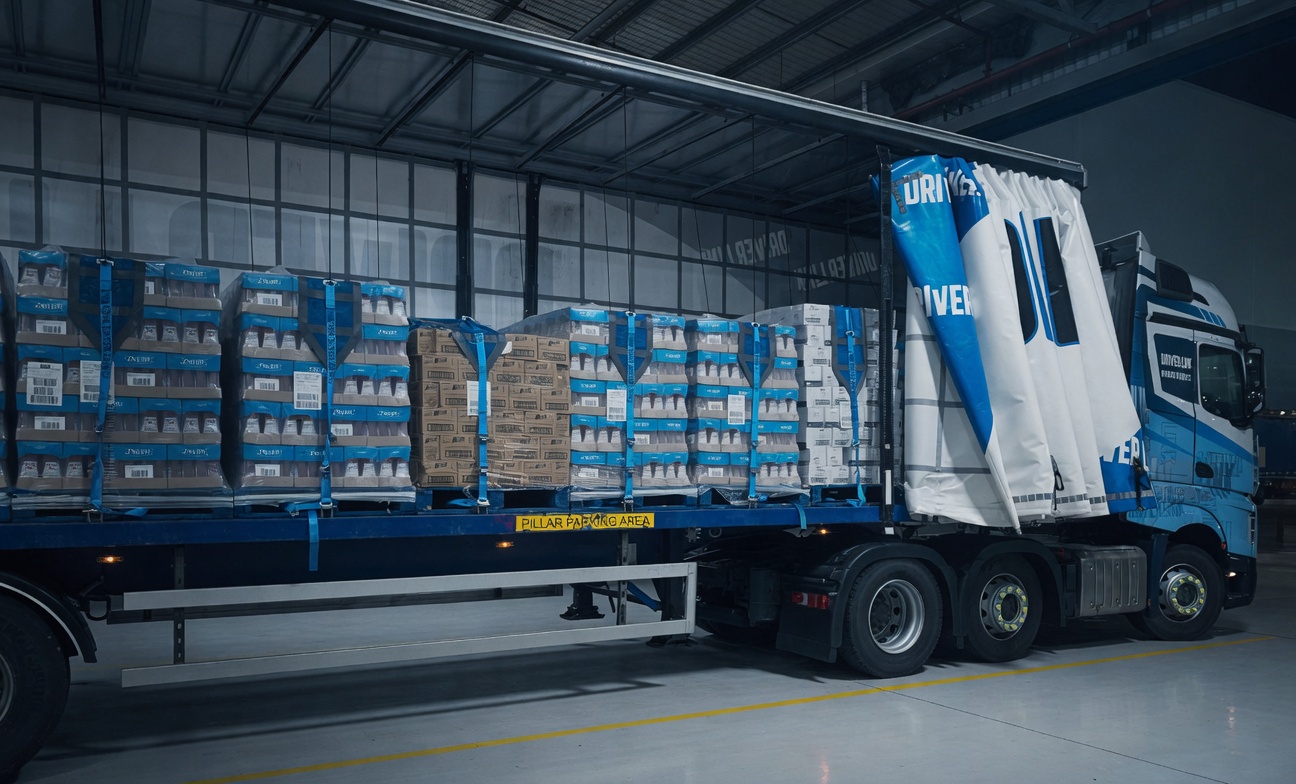 Wide kite restraints over palletised cartons in a depot