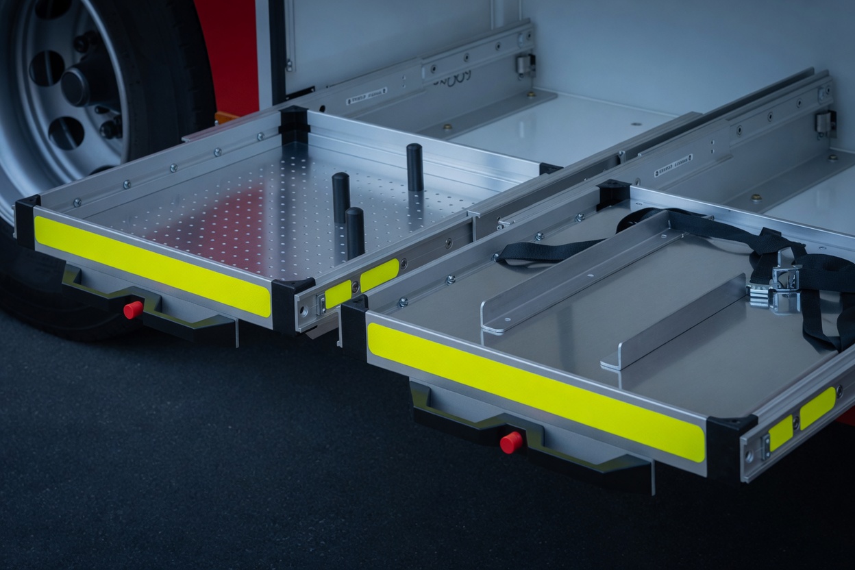 Lock-in lock-out aluminium trays with yellow chevron fronts