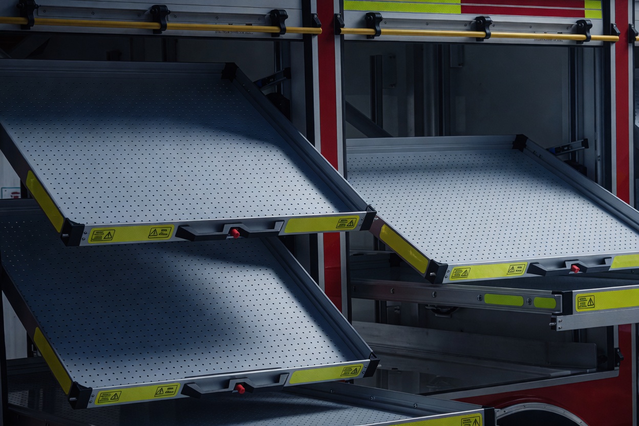 Slide and tilt perforated trays in a fire locker