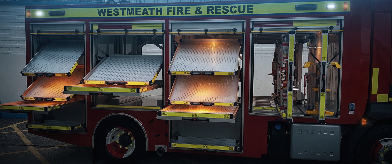 Westmeath Fire & Rescue appliance with CV Rollers slide-tilt drawers and locker systems fully open