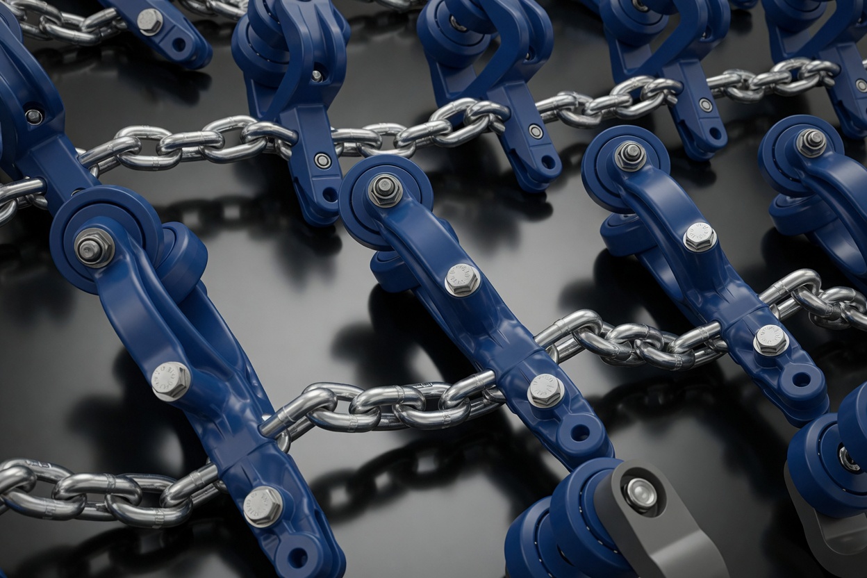 Blue acetal poultry trolleys on galvanised chain
